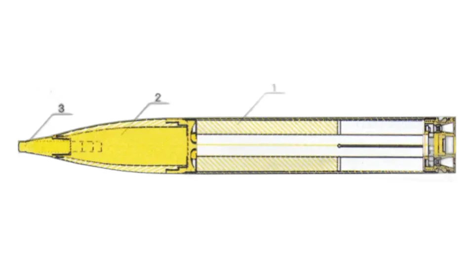107 mm extended-range HE artillery rocket, sectioned view