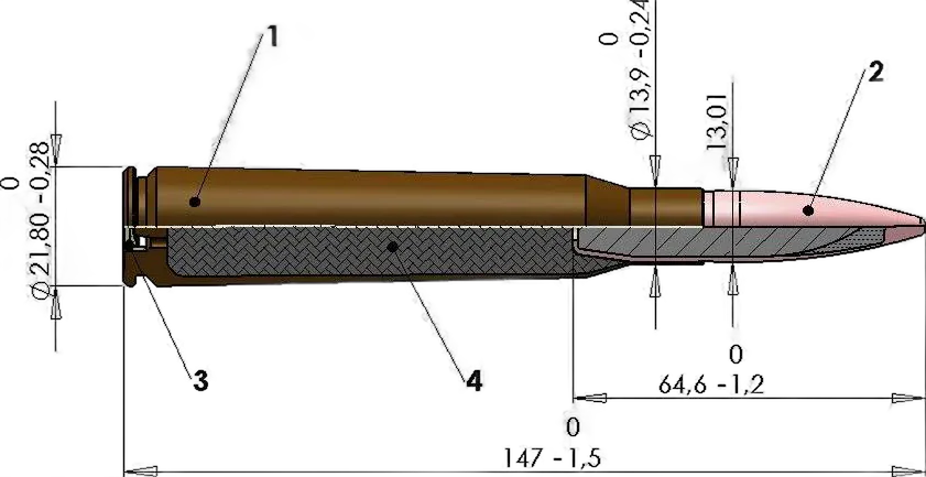 12.7 x 108 mm Ball, sectioned with dimensions