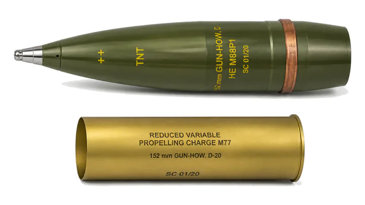 152 mm HE round M88 with reduced variable propellant charge M77