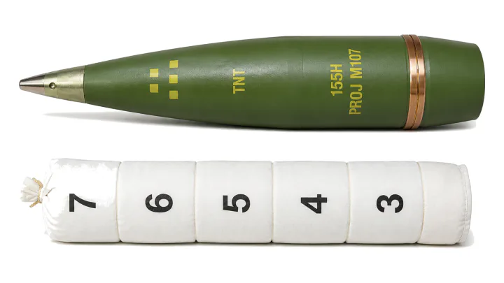 155 mm HE round M107 with propellant charge M4A2
