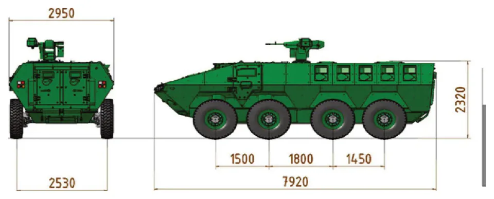 LAZAR III P infantry combat support vehicle, general arrangement, dimensions in mm