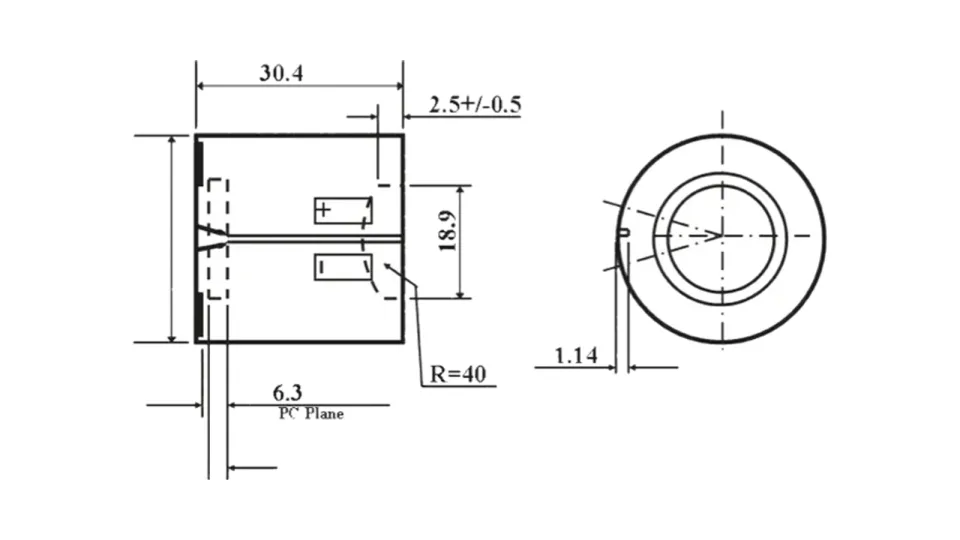 HD 1520A 18 mm Gen III image intensifier tube, dimensioned outline drawing