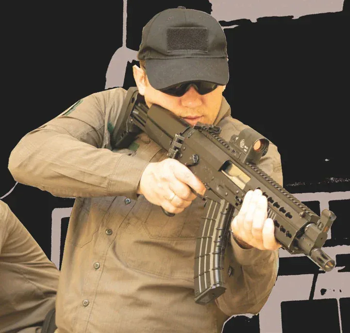 MCS M19 Modular Combat System, carried, stock folded